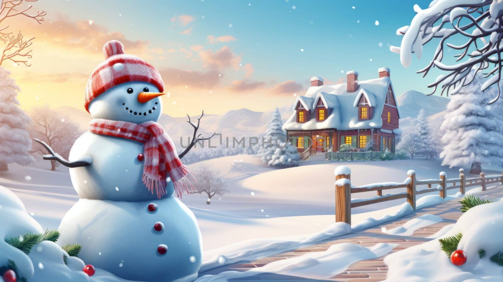 Winter landscape with snowman and cozy family house, AI by but_photo