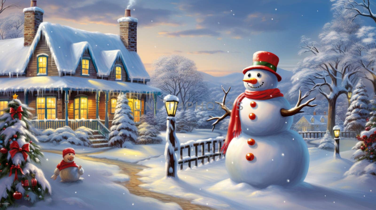 Winter landscape with snowman and cozy family house, AI by but_photo