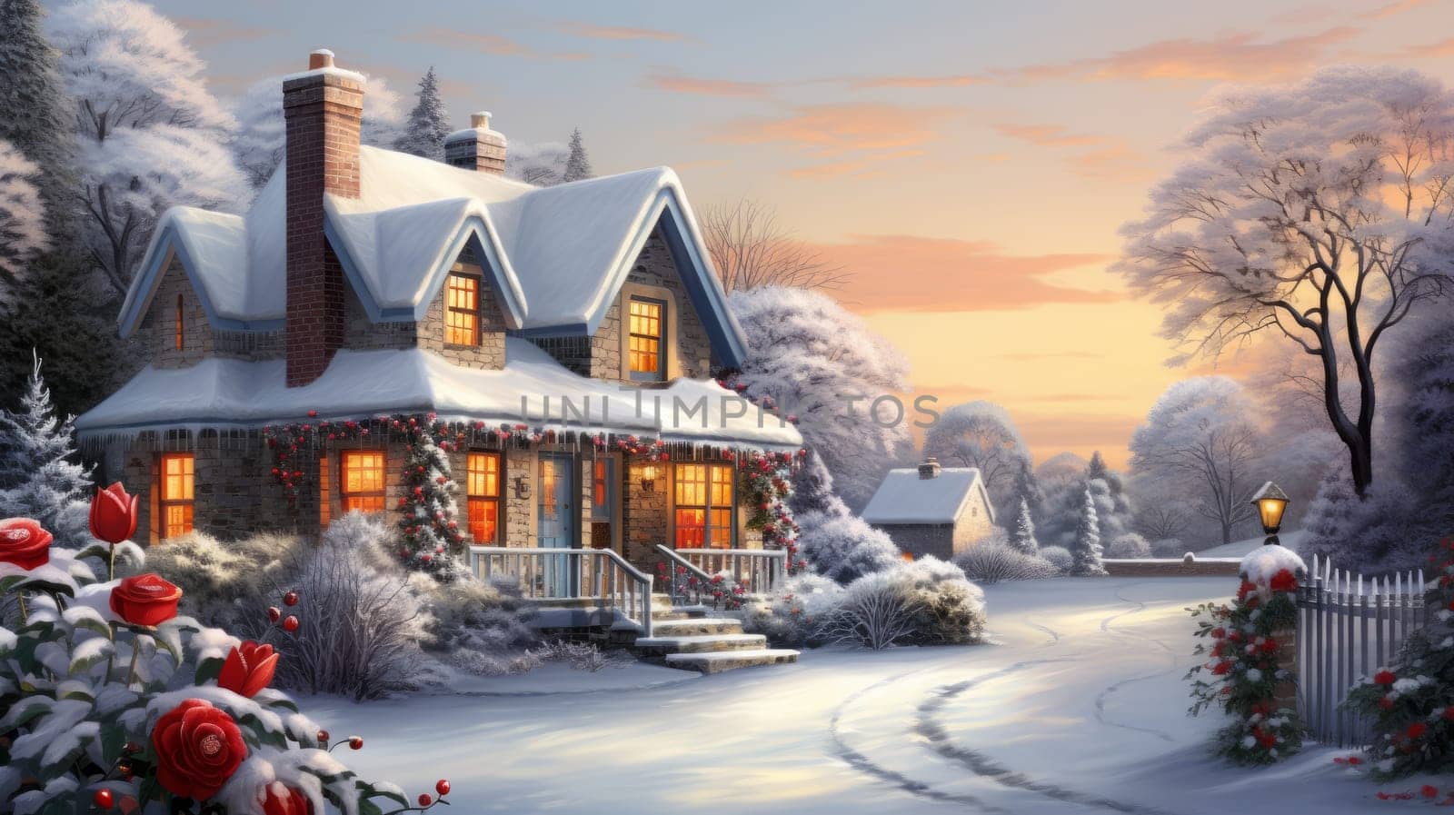 Winter snowy panoramic landscape with a cozy family home. Holiday greeting card snowy street and cute Christmas houses. Christmas and New Year holiday concept, AI