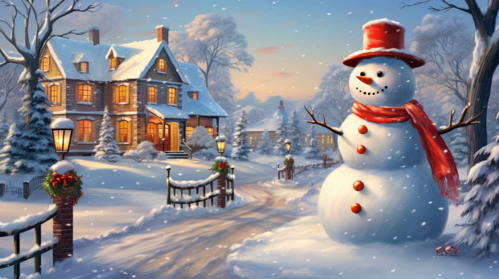 Cartoon postcard snowman in front of a snow-covered house, cozy atmosphere of the family holidays of Christmas and New Year, holiday winter greeting card AI