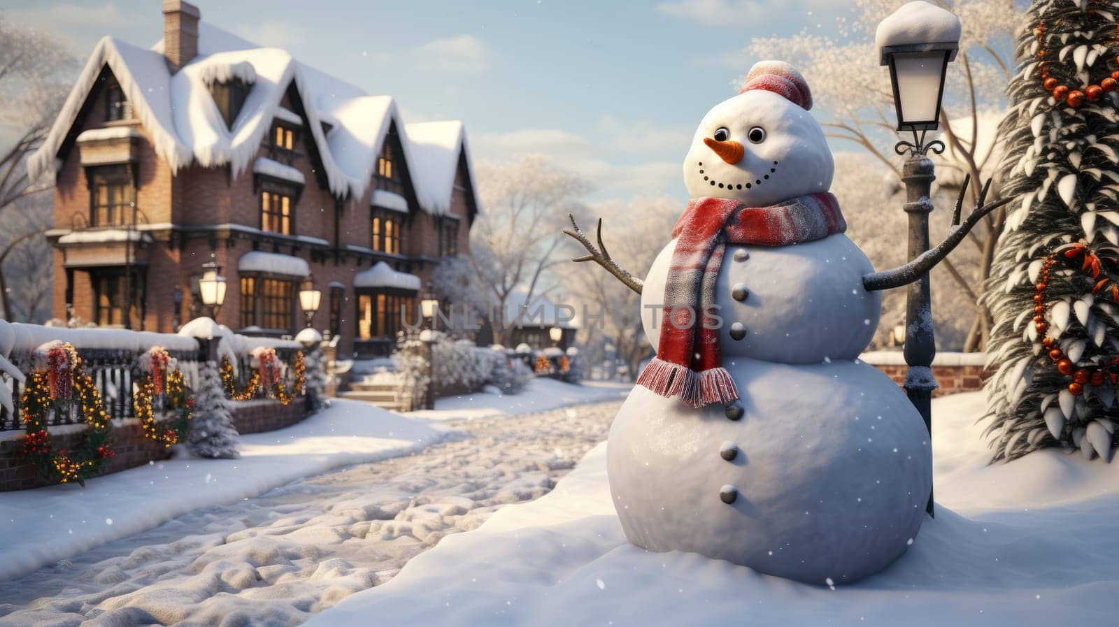 Cartoon postcard snowman in front of a snow-covered house, cozy atmosphere of the family holidays of Christmas and New Year, holiday winter greeting card AI