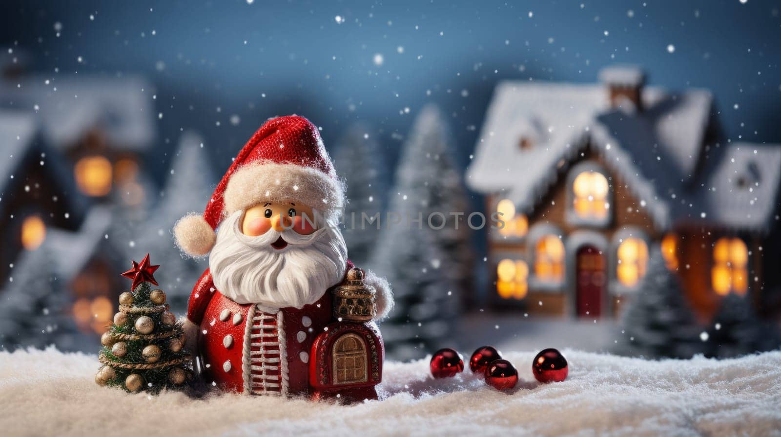 Festive winter card for congratulations from cute pink-cheeked Santa. Good Santa in front of his house on a snowy sunny day, AI