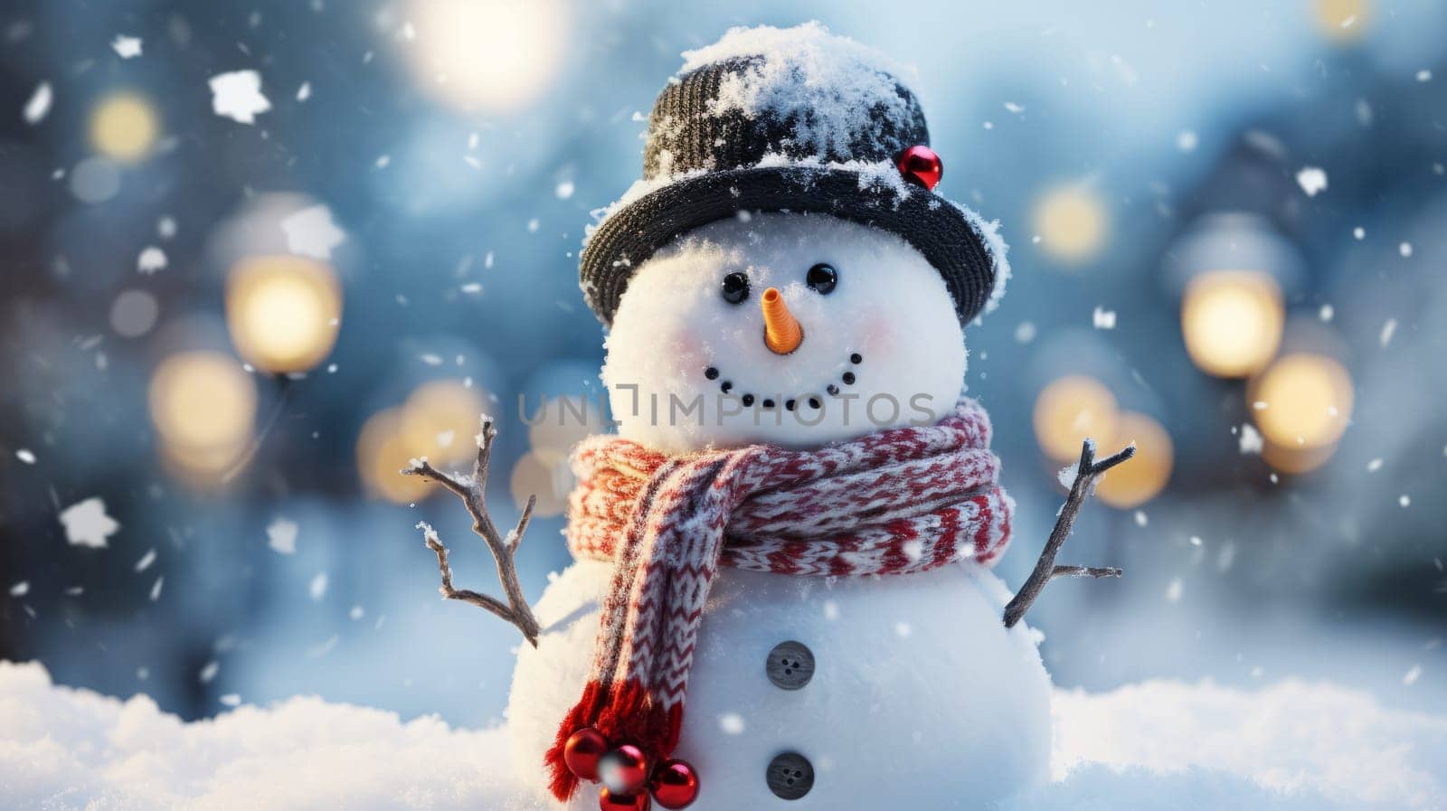 Holiday greeting card with snowman. Cute snowman is made on the street on the eve of Christmas and New Year holidays on a snowy sunny day, AI