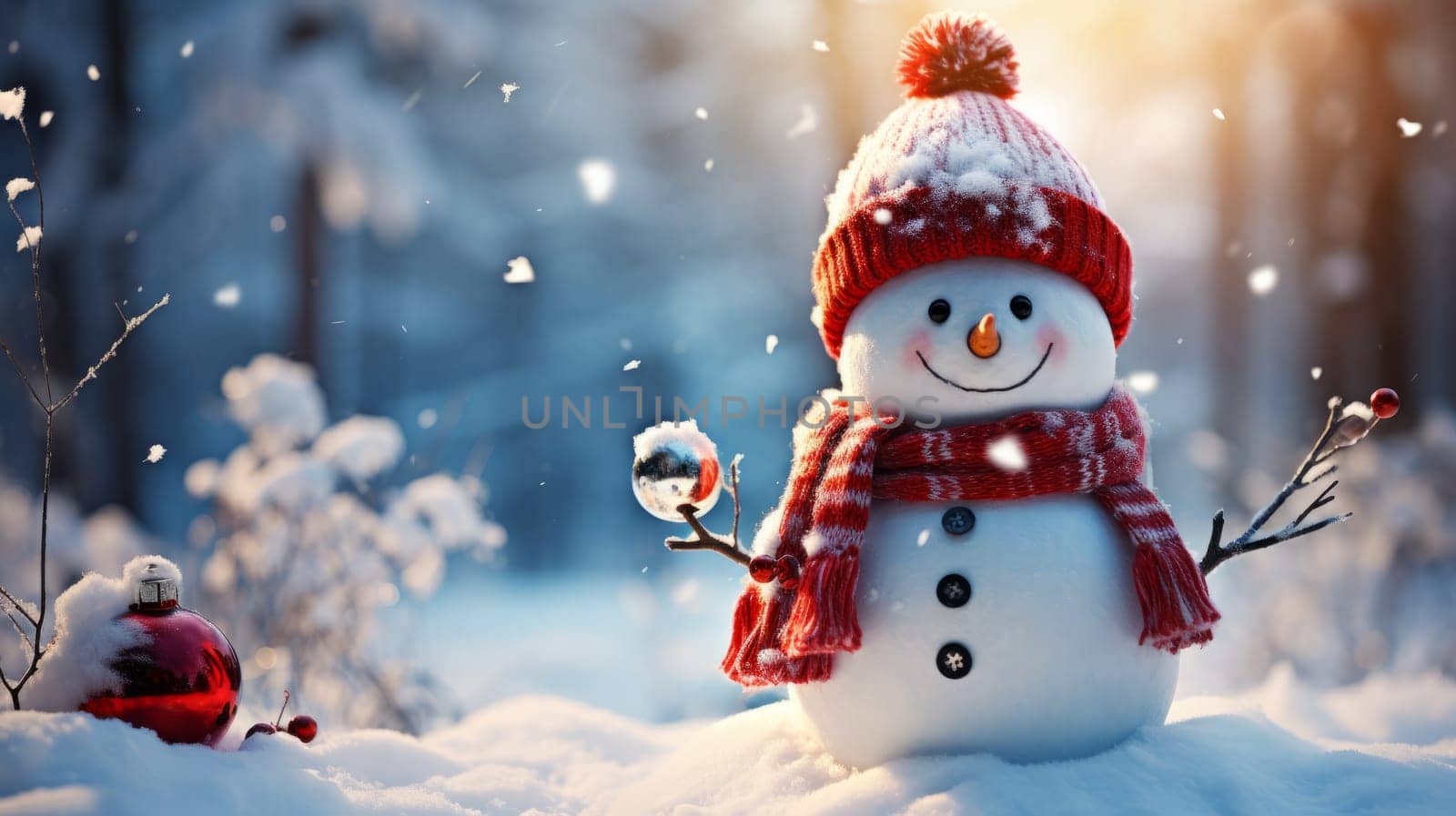 Cute snowman on a snowy street as a symbol of the winter holidays, AI by but_photo