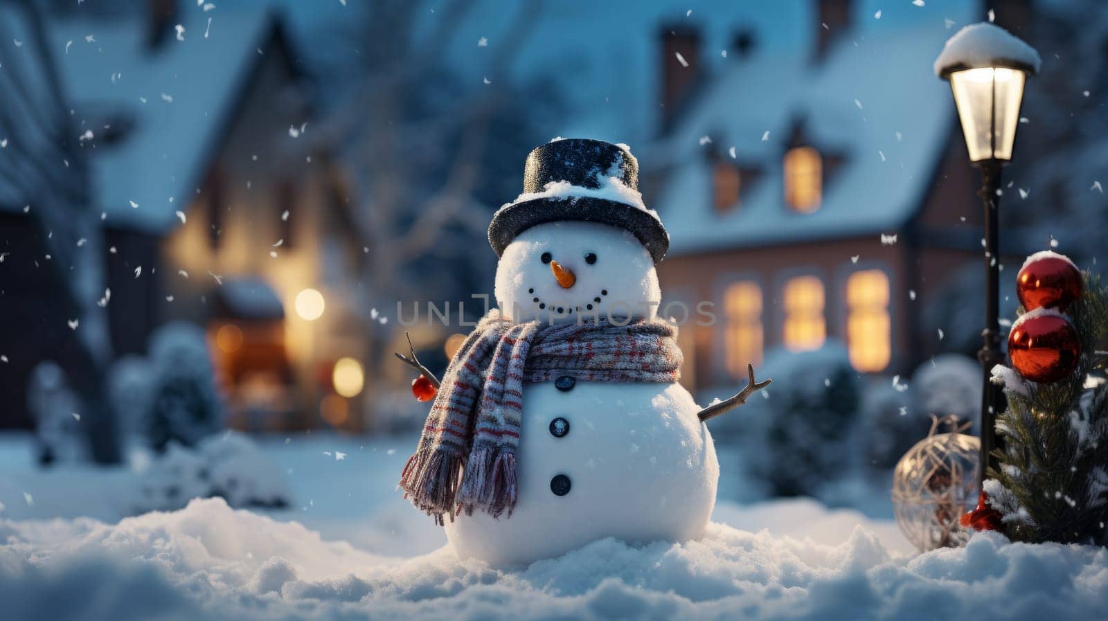 Winter landscape with snowman and cozy family house, AI by but_photo