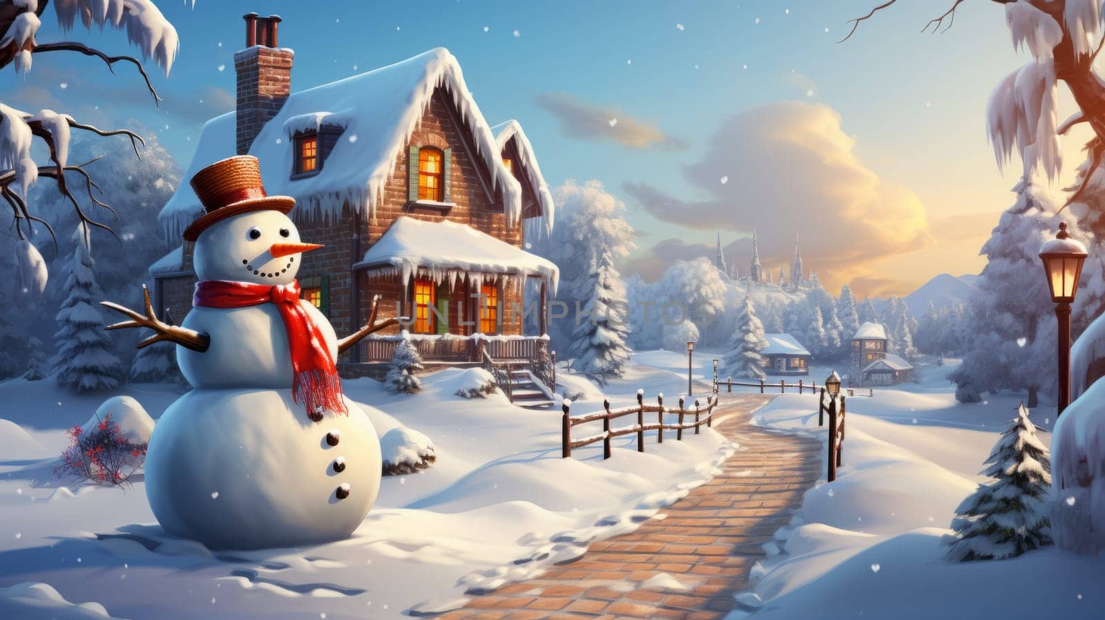 Winter landscape with snowman and cozy family house, AI by but_photo