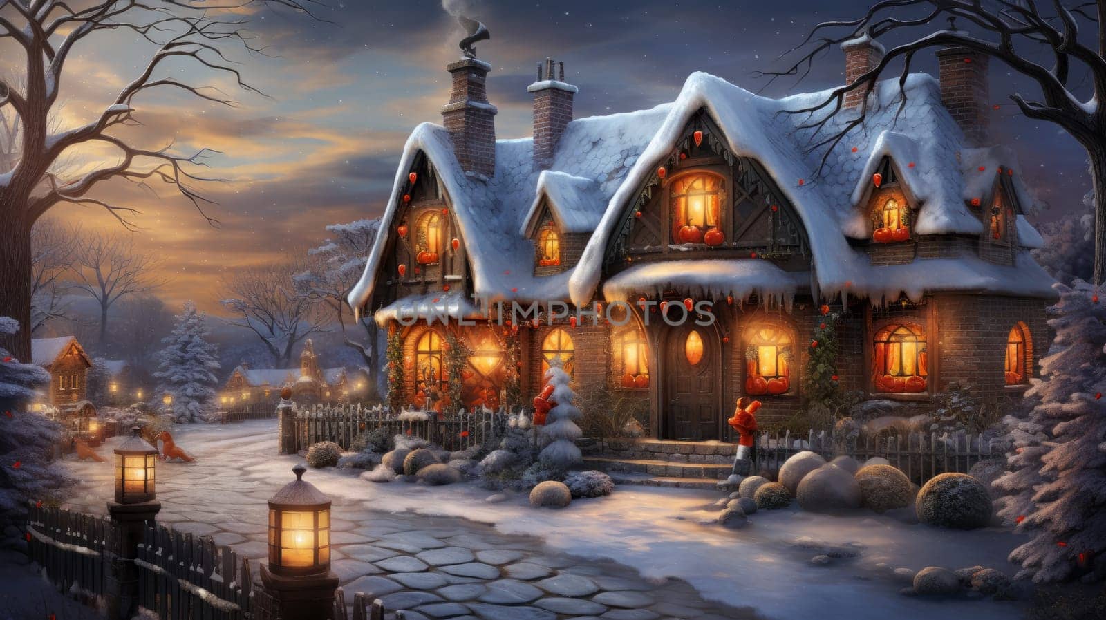 Winter snowy panoramic landscape with a cozy family home. Holiday greeting card snowy street and cute Christmas houses. Christmas and New Year holiday concept, AI