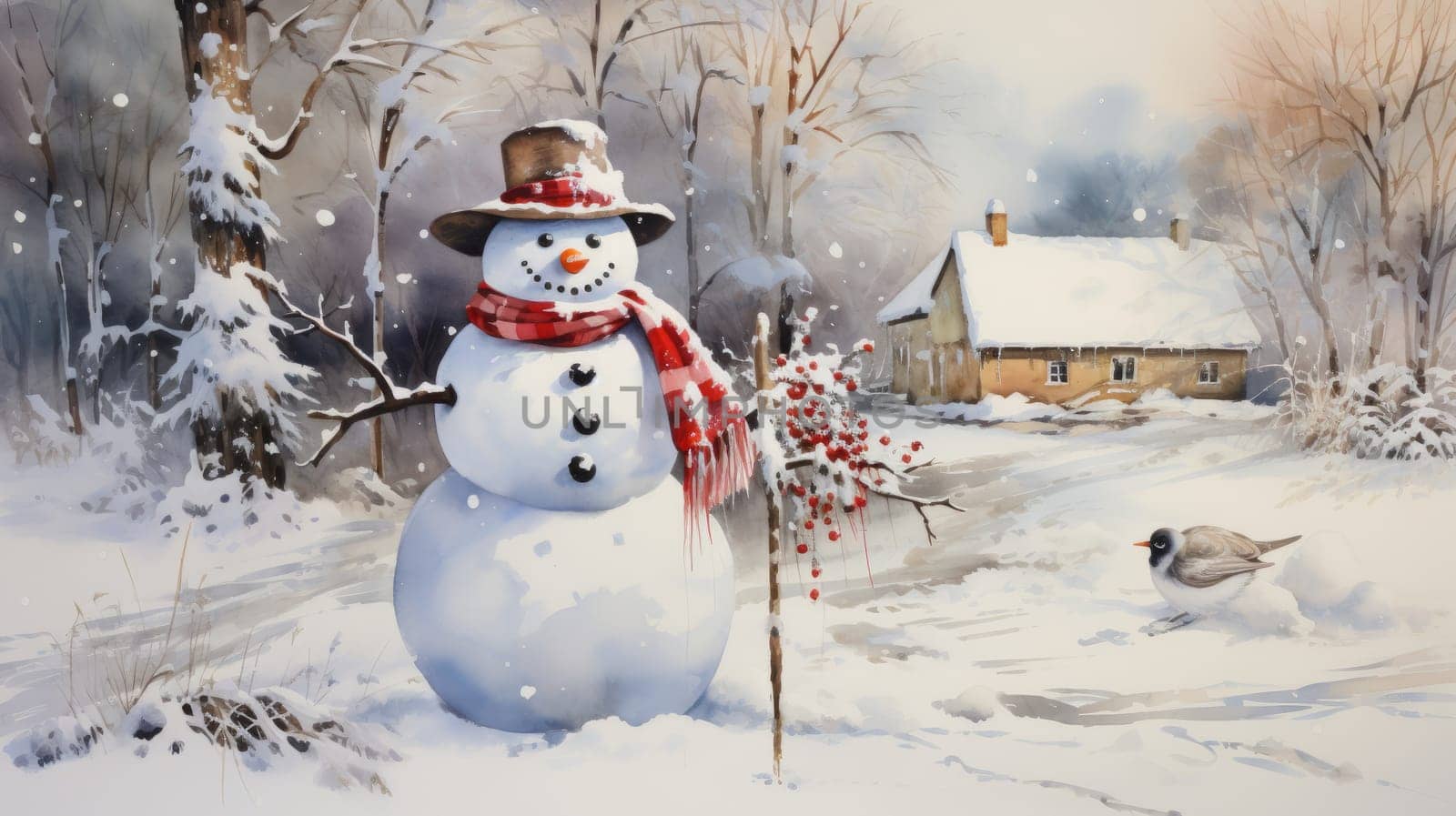 Winter landscape with snowman and cozy family house, AI by but_photo