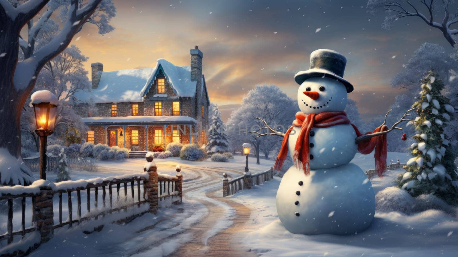 Cartoon postcard snowman in front of a snow-covered house, cozy atmosphere of the family holidays of Christmas and New Year, holiday winter greeting card AI