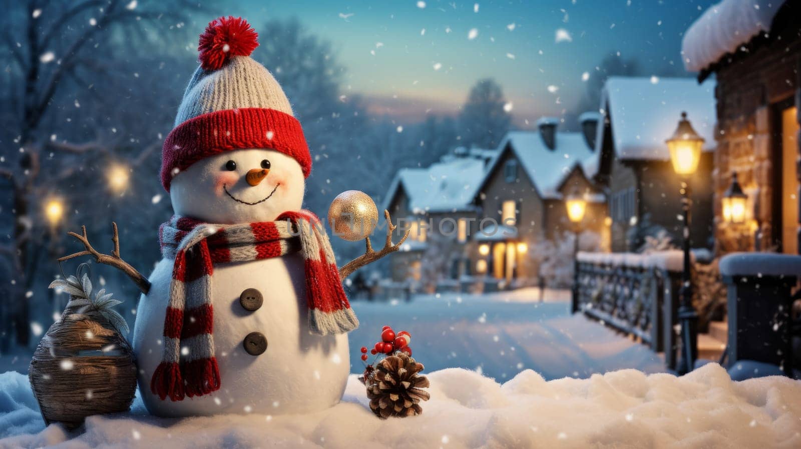 Cartoon postcard snowman in front of a snow-covered house, cozy atmosphere of the family holidays of Christmas and New Year, holiday winter greeting card AI