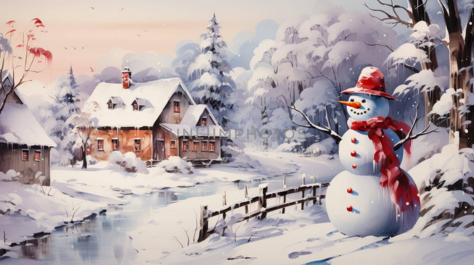 Winter landscape with snowman and cozy family house, AI by but_photo