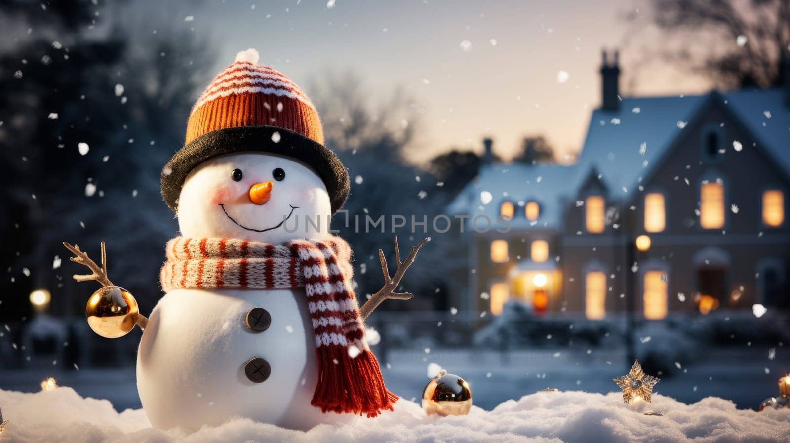 Cartoon postcard snowman in front of a snow-covered house, cozy atmosphere of the family holidays of Christmas and New Year, holiday winter greeting card AI