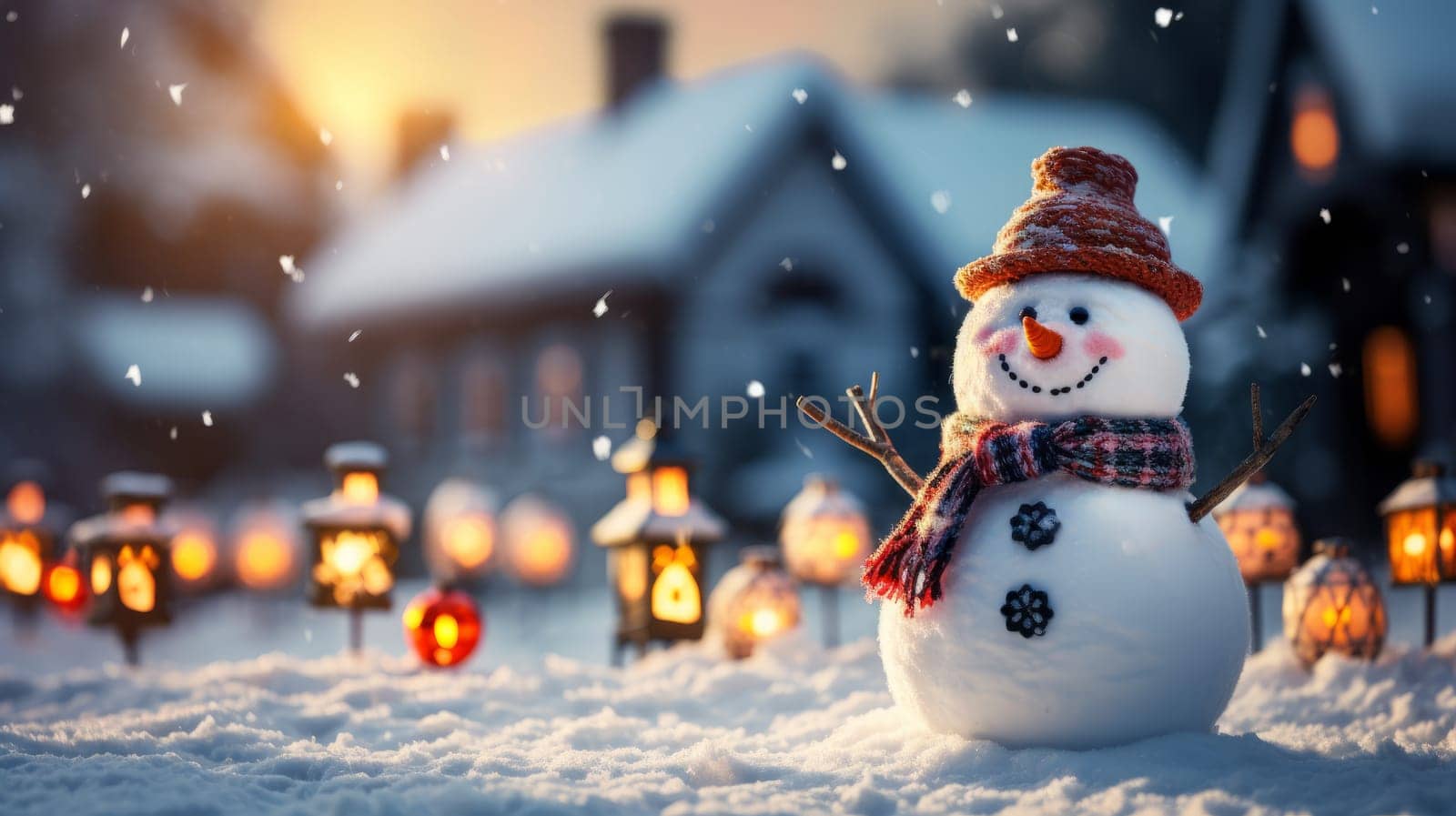 Winter landscape with snowman and cozy family house, AI by but_photo