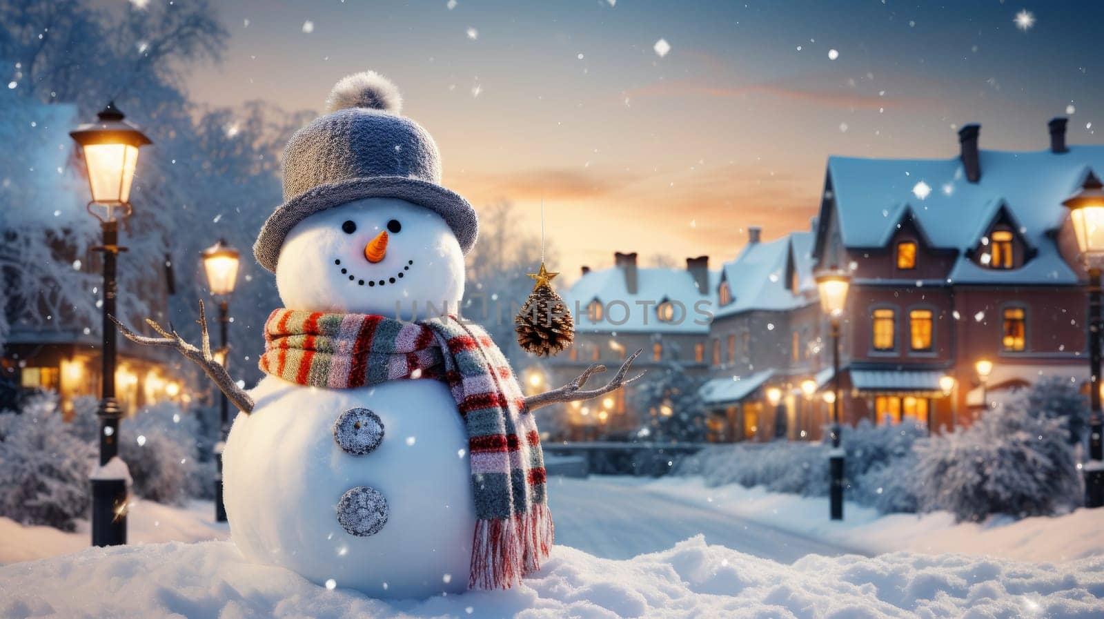 Winter landscape with snowman and cozy family house, AI by but_photo