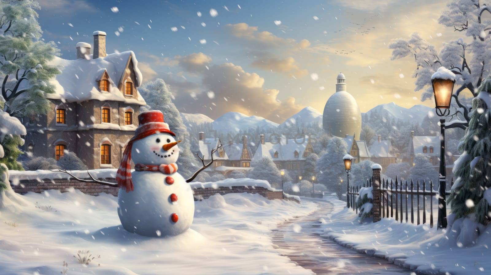 Cartoon postcard snowman in front of a snow-covered house, cozy atmosphere of the family holidays of Christmas and New Year, holiday winter greeting card AI