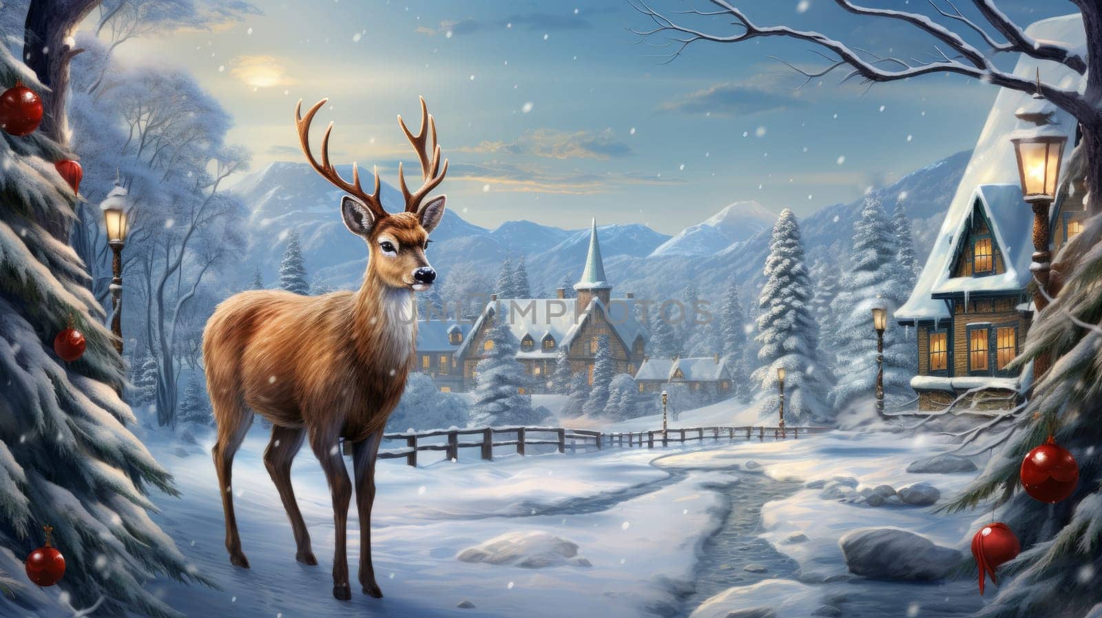 Winter landscape cartoon postcard deer in front of a snow-covered house, cozy atmosphere of the family holidays of Christmas and New Year, holiday winter greeting card AI