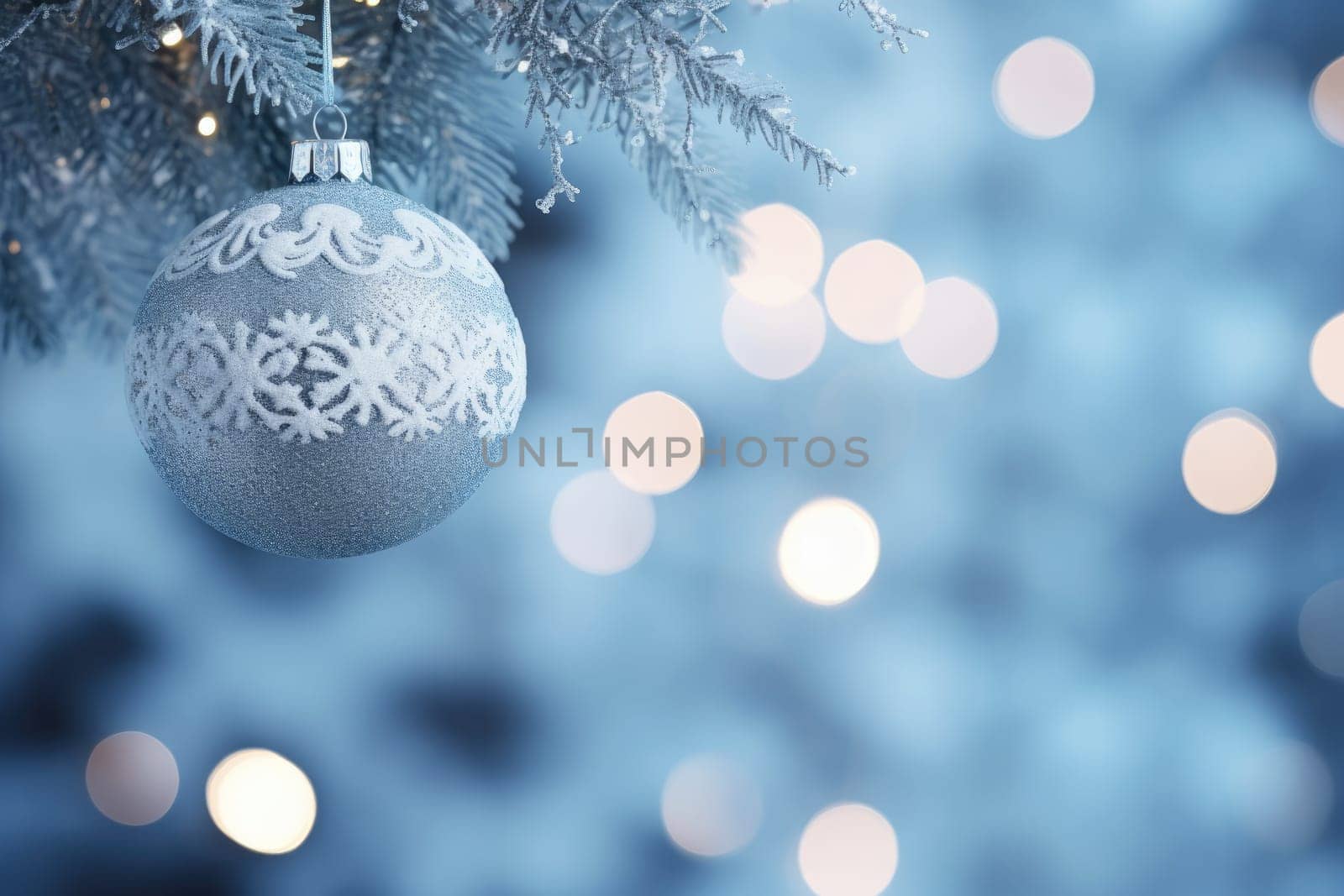 Christmas and New Years Eve background. Holiday background with Christmas baubles on fir tree with highlights and soft bokeh background. Template with text area for designing posters, web banners etc