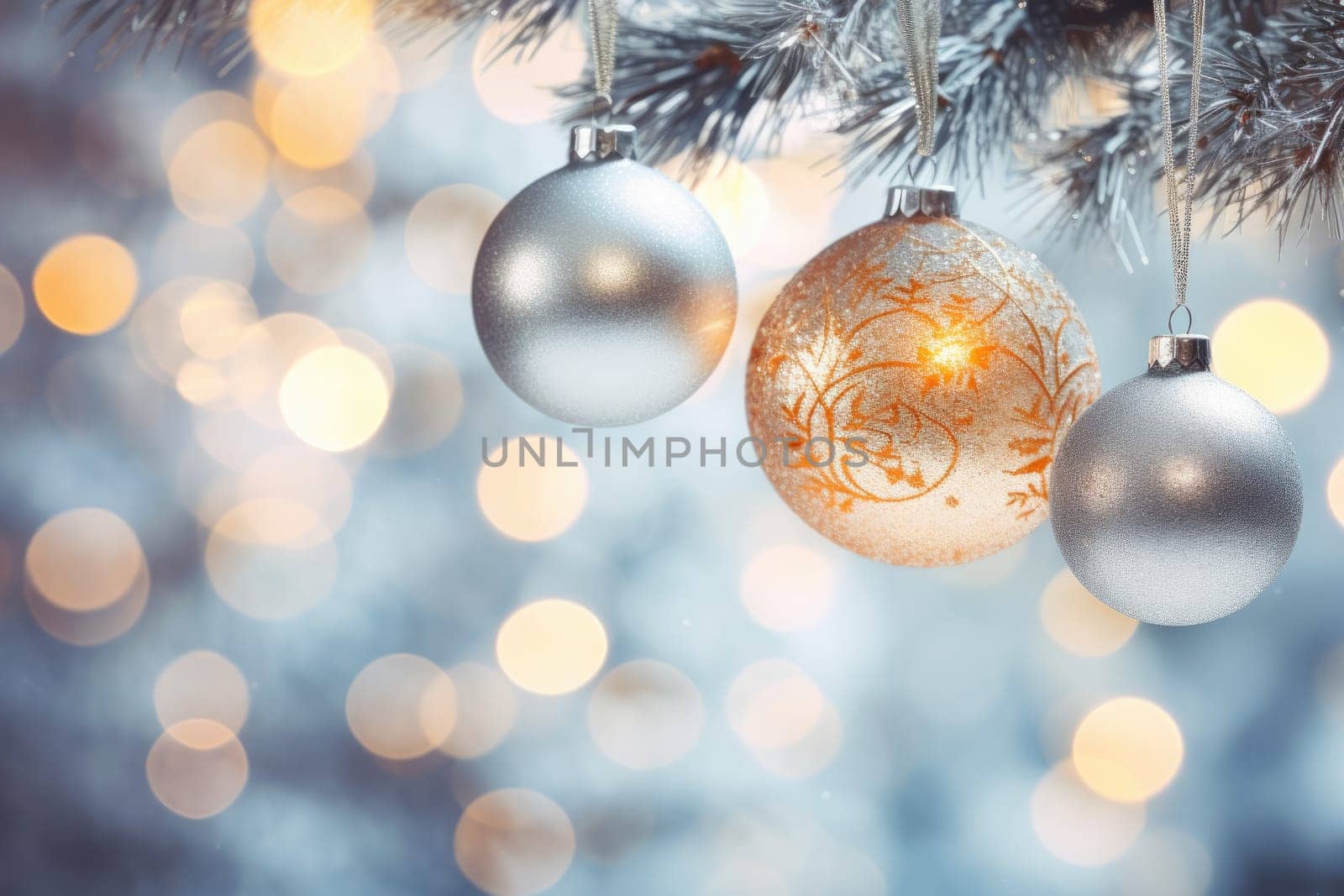 Christmas and New Years Eve background. Holiday background with Christmas baubles on fir tree with highlights and soft bokeh background. Template with text area for designing posters, web banners etc