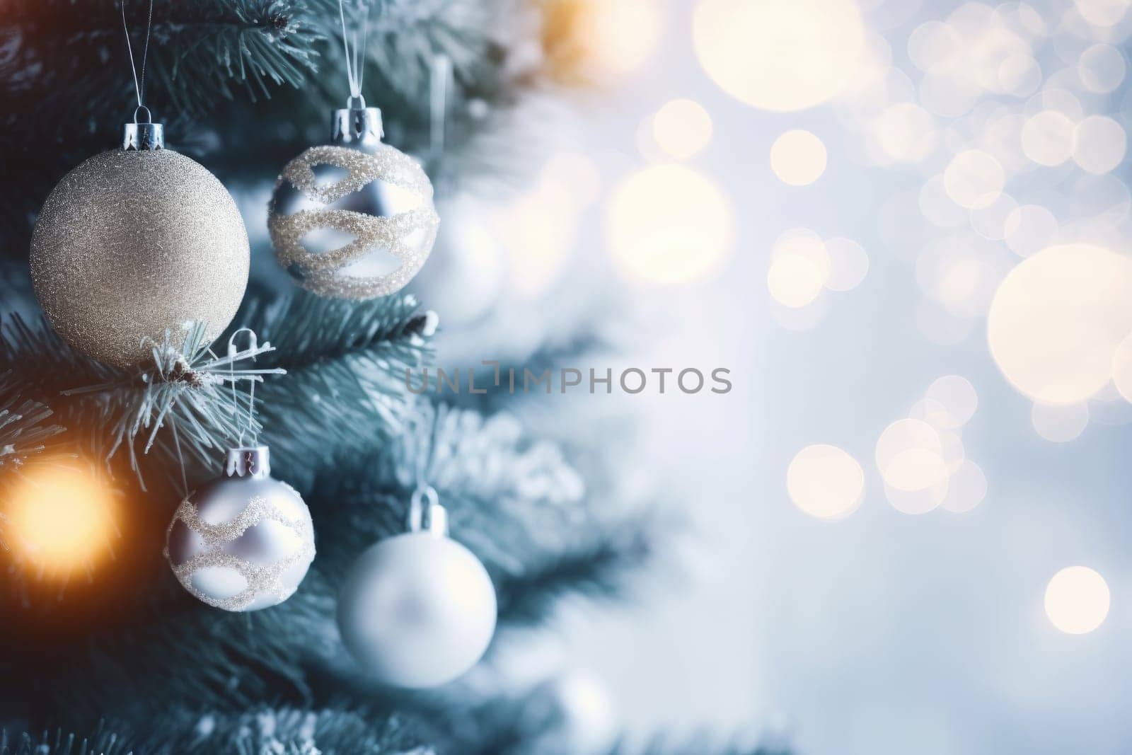 Christmas and New Years Eve background. Holiday background with Christmas baubles on fir tree with highlights and soft bokeh background. Template with text area for designing posters, web banners etc