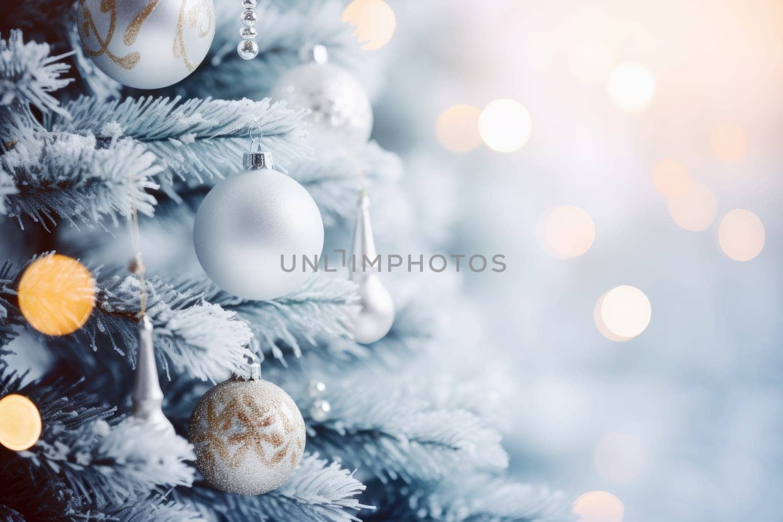 Christmas and New Years Eve background. Holiday background with Christmas baubles on fir tree with highlights and soft bokeh background. Template with text area for designing posters, web banners etc