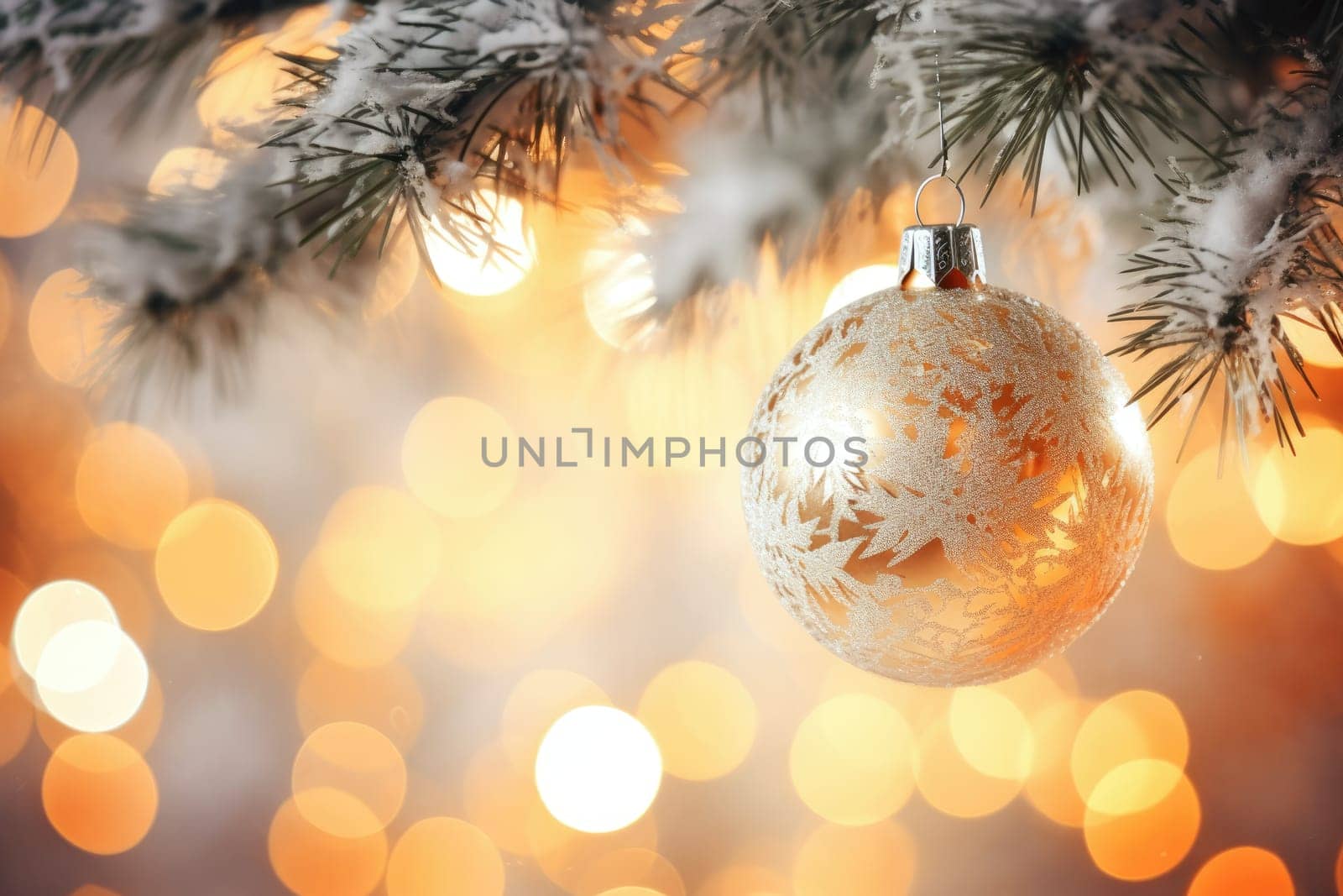 Christmas and New Years Eve background. Holiday background with Christmas baubles on fir tree with highlights and soft bokeh background. Template with text area for designing posters, web banners etc