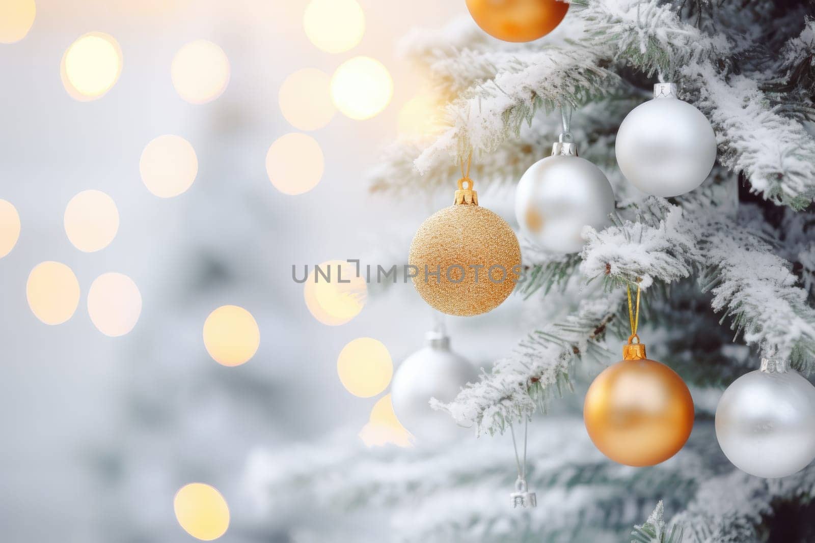 Christmas and New Years Eve background. Holiday background with Christmas baubles on fir tree with highlights and soft bokeh background. Template with text area for designing posters, web banners etc