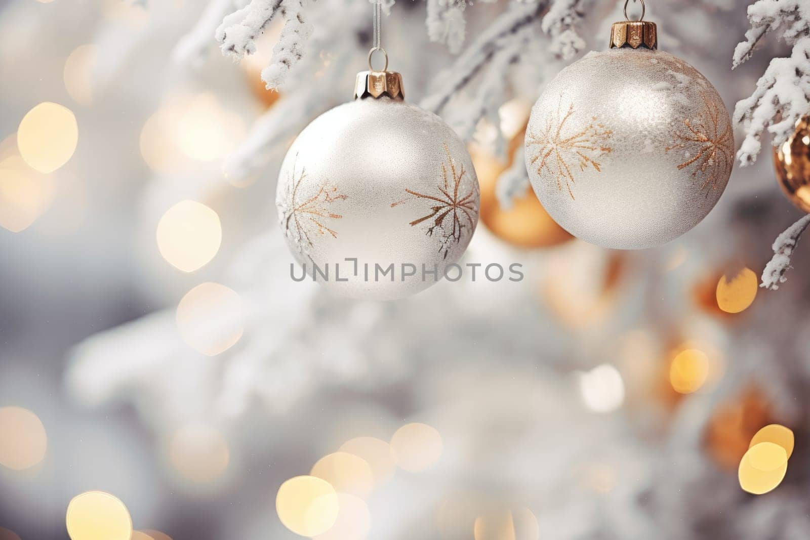 Christmas and New Years Eve background. Holiday background with Christmas baubles on fir tree with highlights and soft bokeh background. Template with text area for designing posters, web banners etc