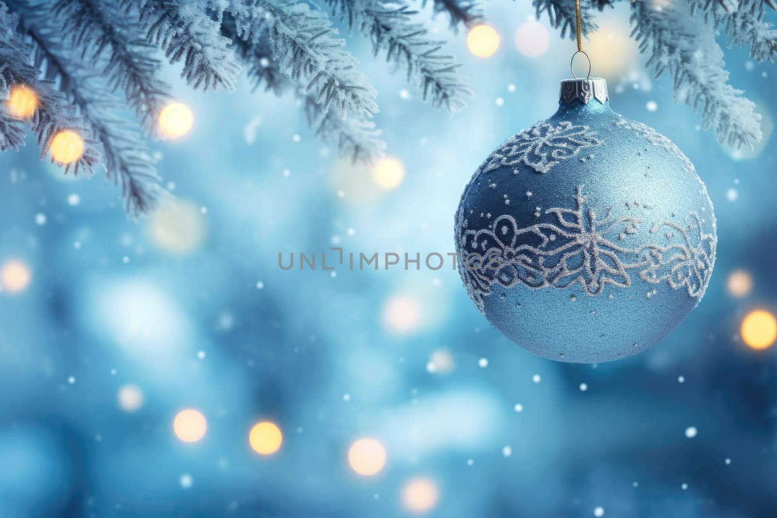 Christmas and New Years Eve background. Holiday background with Christmas baubles on fir tree with highlights and soft bokeh background. Template with text area for designing posters, web banners etc