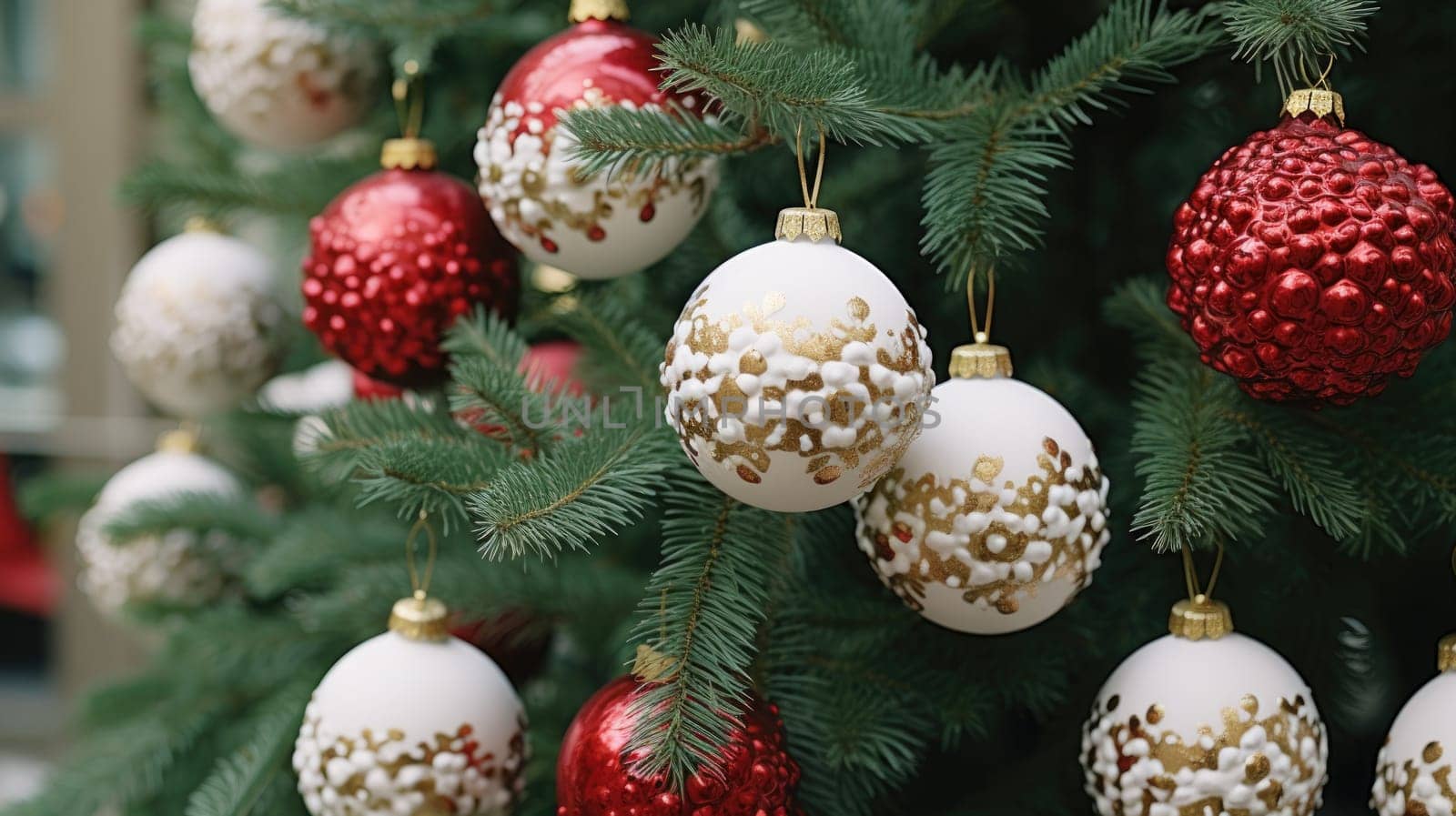 Christmas and New Years Eve background. Holiday background with Christmas baubles on fir tree with highlights and soft bokeh background. Template with text area for designing posters, web banners etc