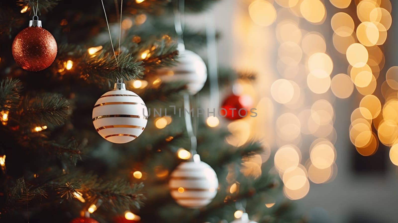 Christmas and New Years Eve background. Holiday background with Christmas baubles on fir tree with highlights and soft bokeh background. Template with text area for designing posters, web banners etc