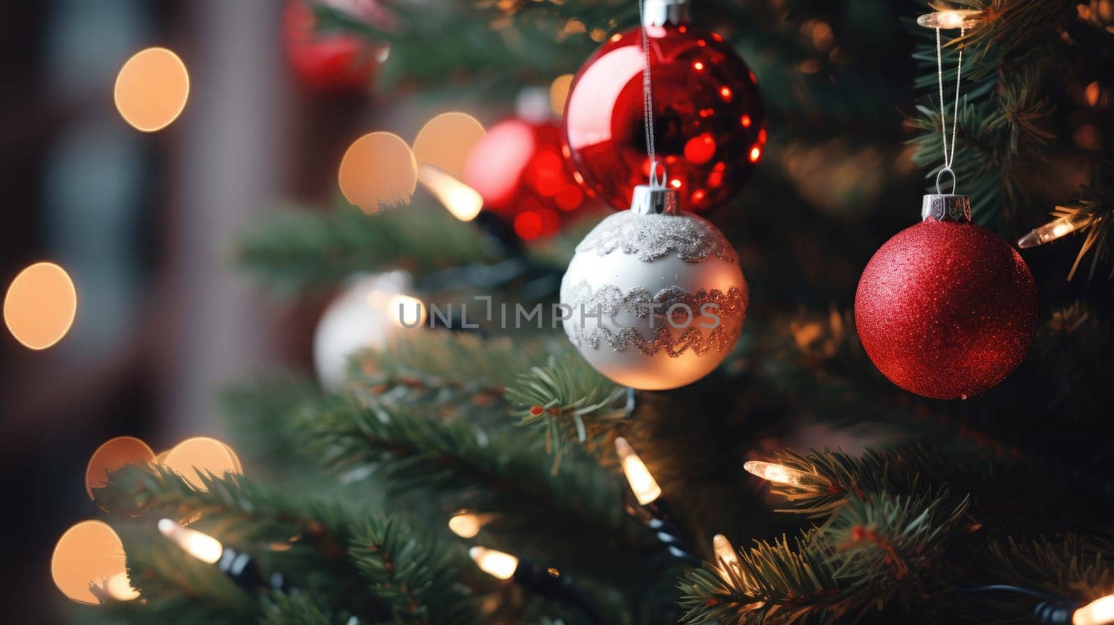 Christmas and New Years Eve background. Holiday background with Christmas baubles on fir tree with highlights and soft bokeh background. Template with text area for designing posters, web banners etc