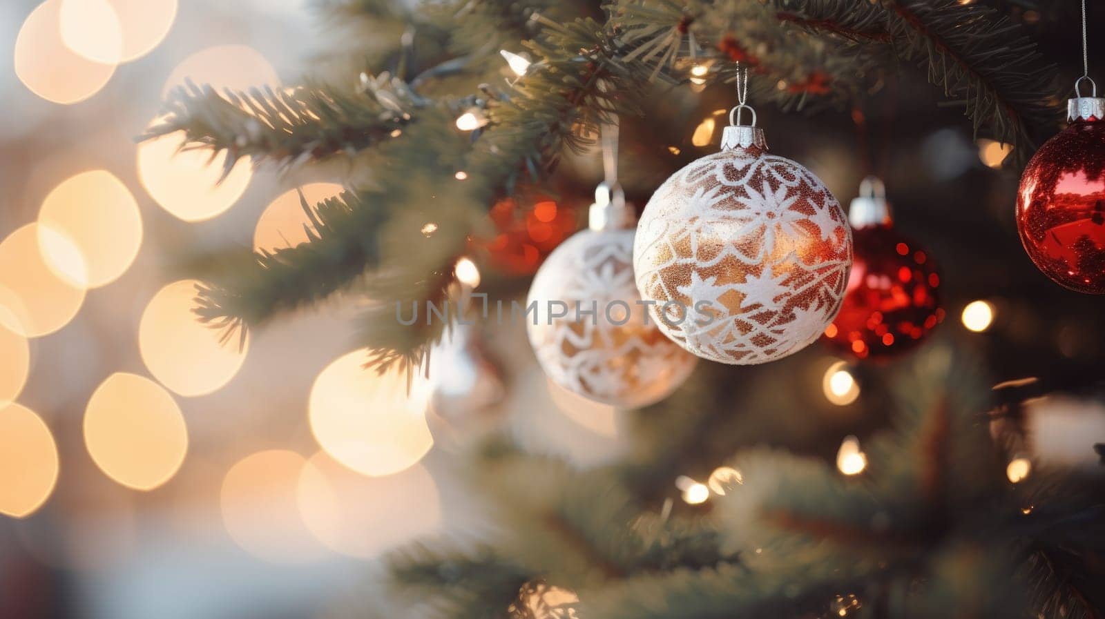 Christmas and New Years Eve background. Holiday background with Christmas baubles on fir tree with highlights and soft bokeh background. Template with text area for designing posters, web banners etc