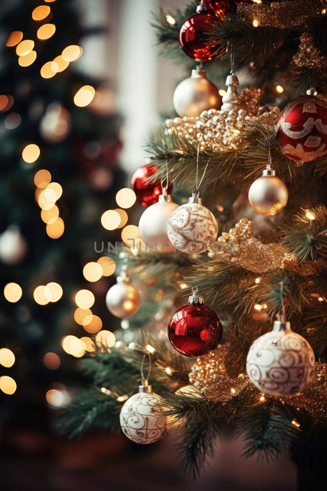 Christmas and New Years Eve background. Holiday background with Christmas baubles on fir tree with highlights and soft bokeh background. Template with text area for designing posters, web banners etc