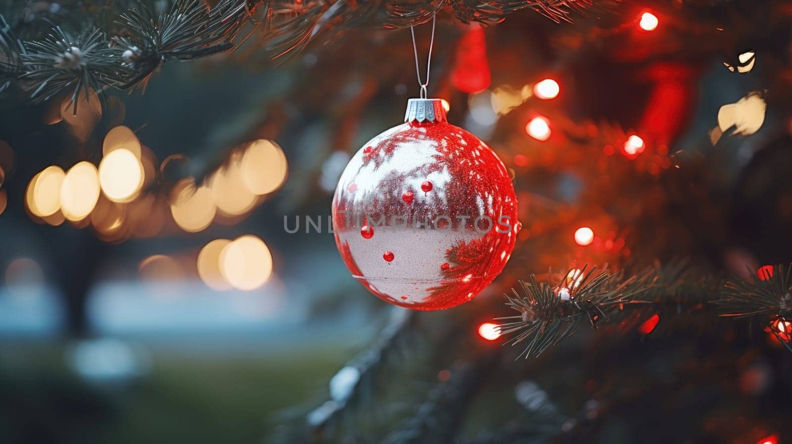 Christmas and New Years Eve background. Holiday background with Christmas baubles on fir tree with highlights and soft bokeh background. Template with text area for designing posters, web banners etc