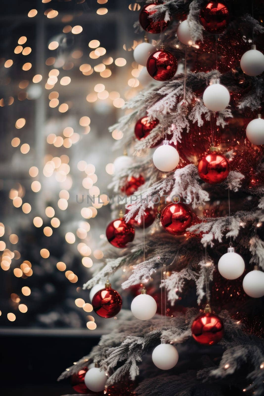 Christmas and New Years Eve background. Holiday background with Christmas baubles on fir tree with highlights and soft bokeh background. Template with text area for designing posters, web banners etc