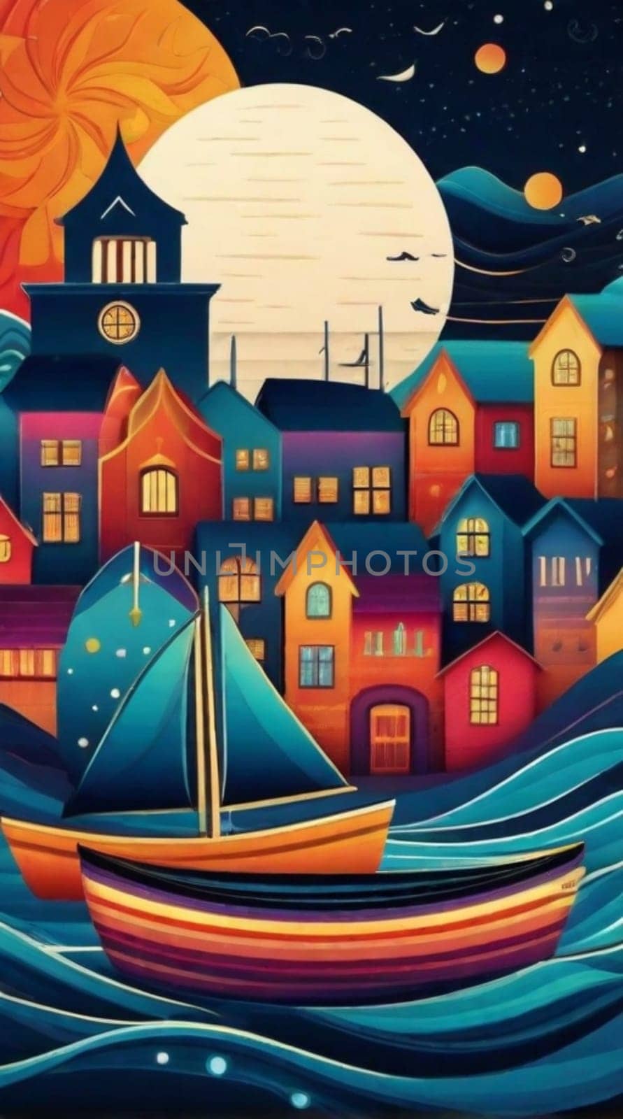 Beautiful and fantastically designed silhouettes of colorful village, houses and moon lited sky by verbano