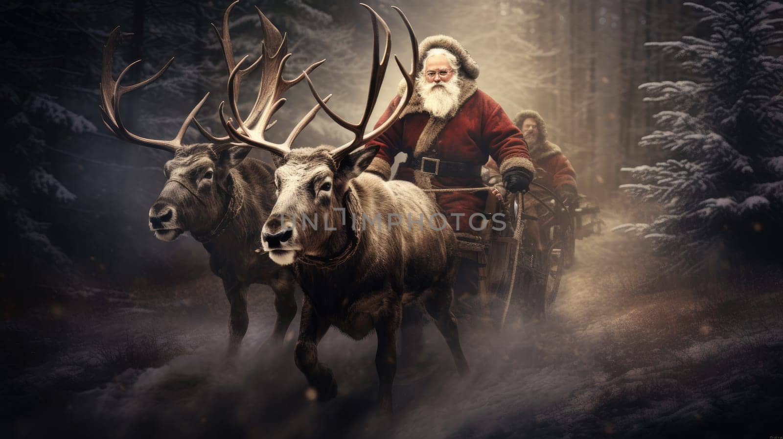 Santa Claus and his sleigh and reindeer rush to childrens homes with presents to celebrate Christmas and the New Year.