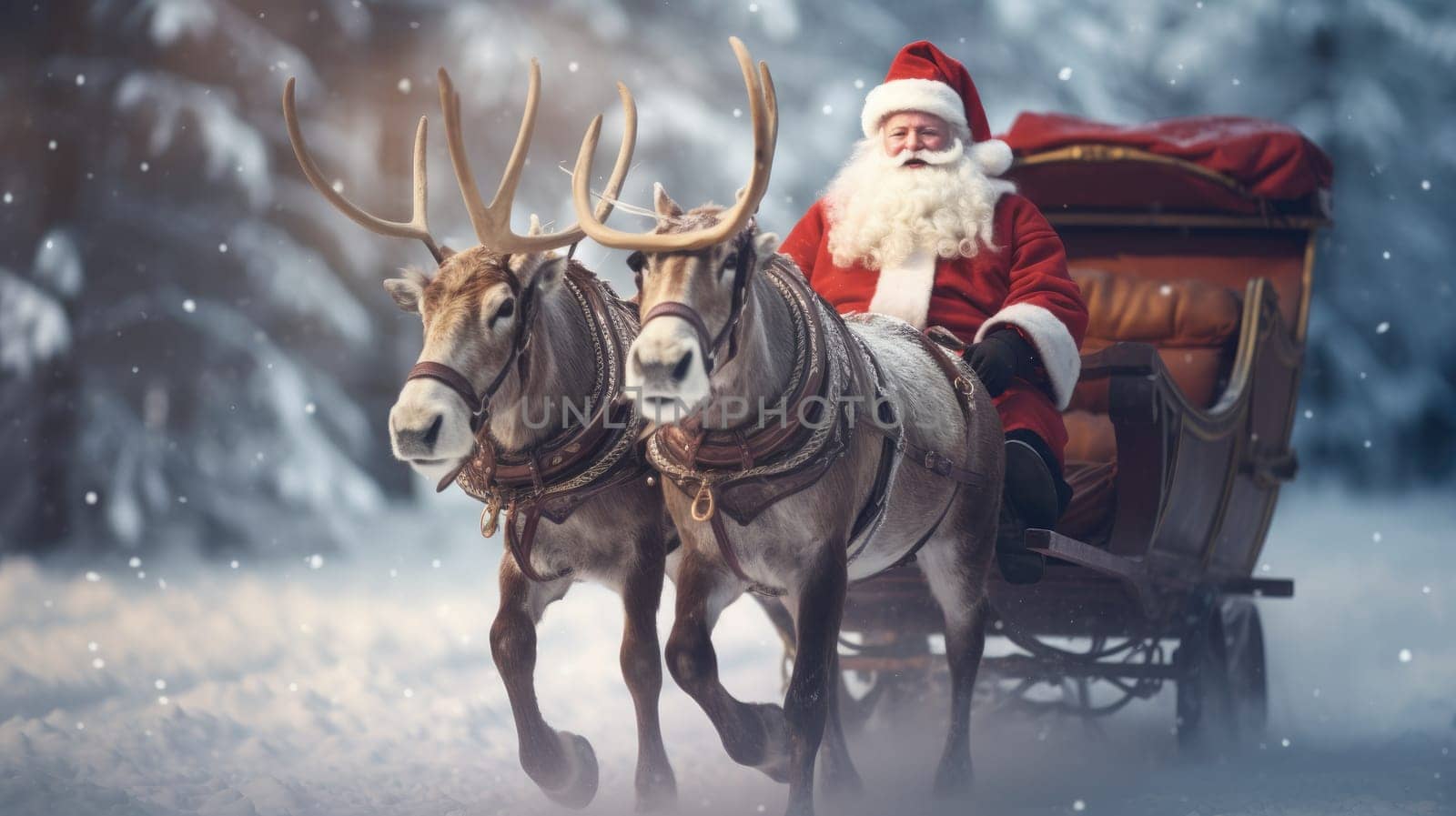 Santa Claus and his sleigh and reindeer rush to childrens homes with presents to celebrate Christmas and the New Year.
