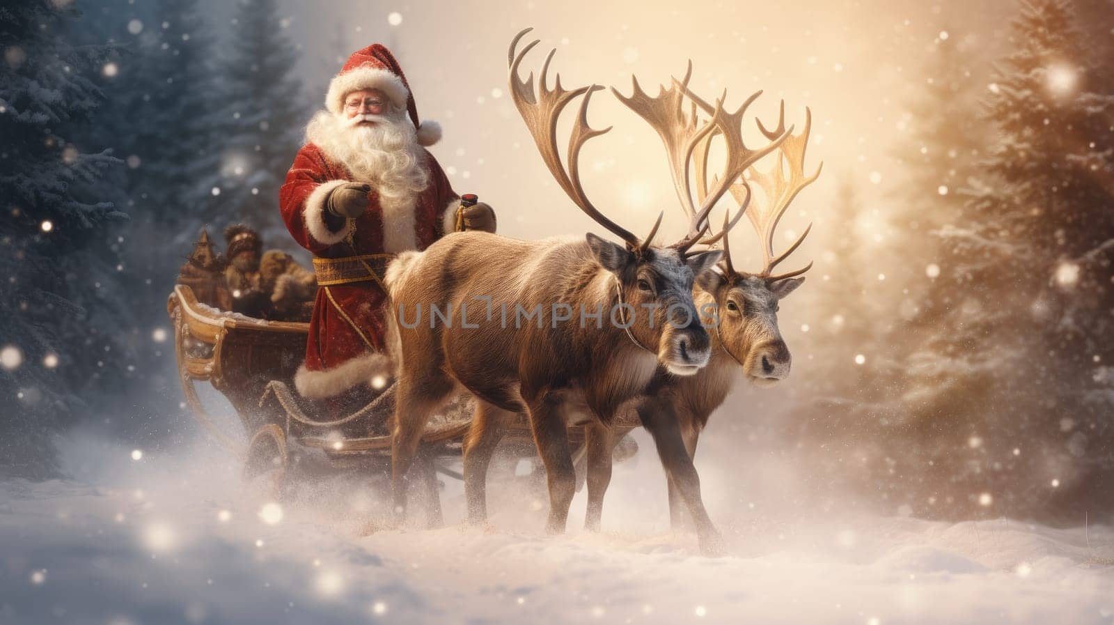 Santa Claus and his sleigh and reindeer rush to childrens homes with presents to celebrate Christmas and the New Year.