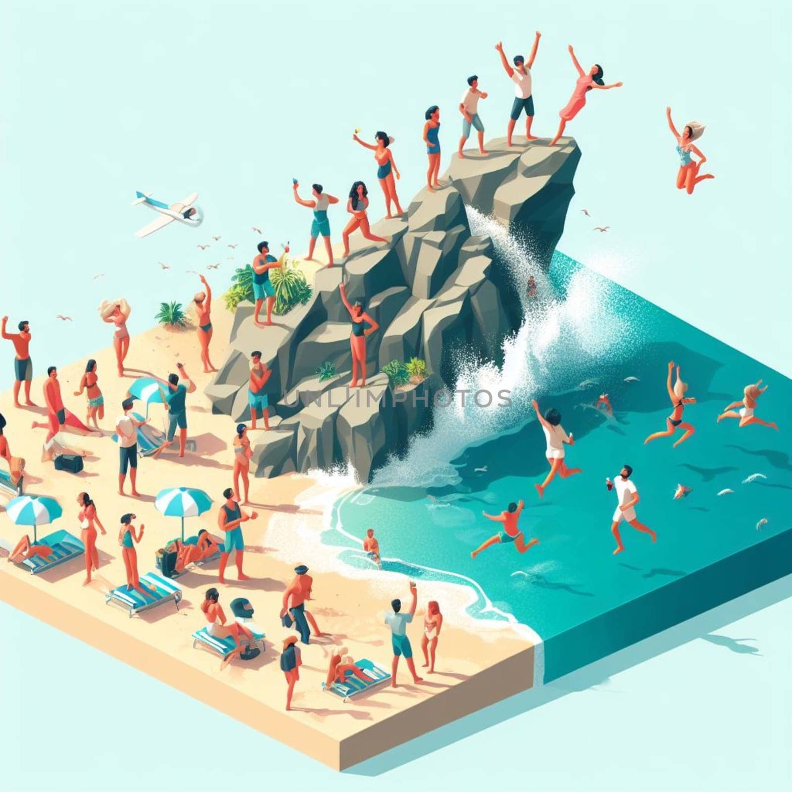 people having fun in the beach, isometric view, sea waves, 3d illustration generative ai art