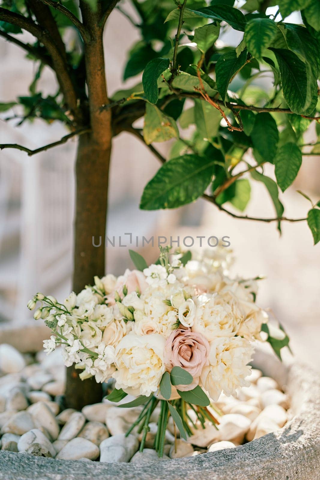 Bride bouquet stands on pebbles under a green tree in a flowerpot. High quality photo