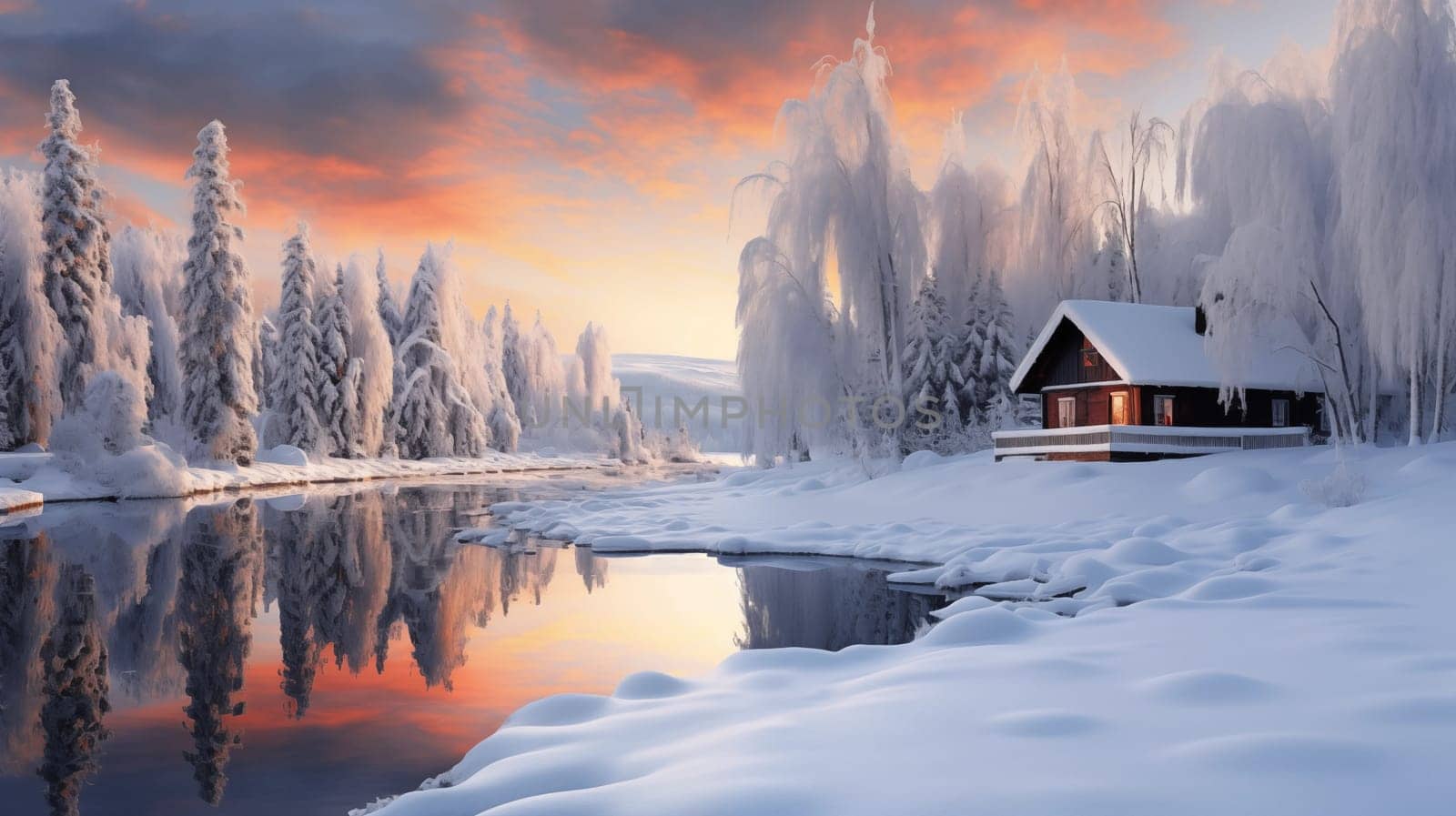 House in the mountains and forest near a lake in winter. Snow-covered landscapes, including mountains, forests, rivers, lakes and fields. llustration for cover, interior design. AI generative.