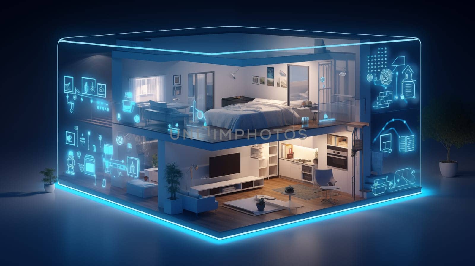 A smart home setup. A modern living space equipped with smart home devices like smart lights, tv and voice - controlled assistants. Smart home interior with augmented reality. AI generative.