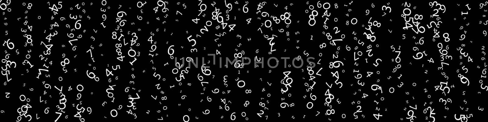 Falling numbers, big data concept. Binary white messy flying digits. Fetching futuristic banner on black background. Digital illustration with falling numbers.