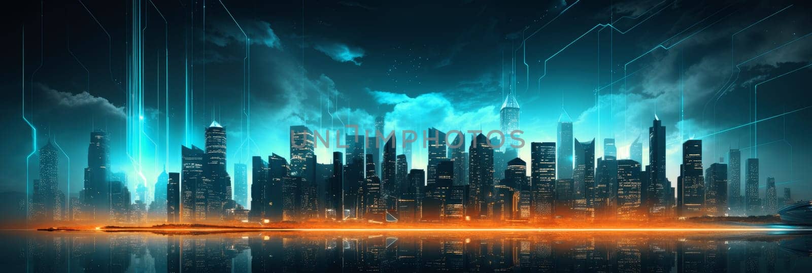 Abstract futuristic night city, Concept for IOT, smart city, speed connection and taintless advanced communication network.