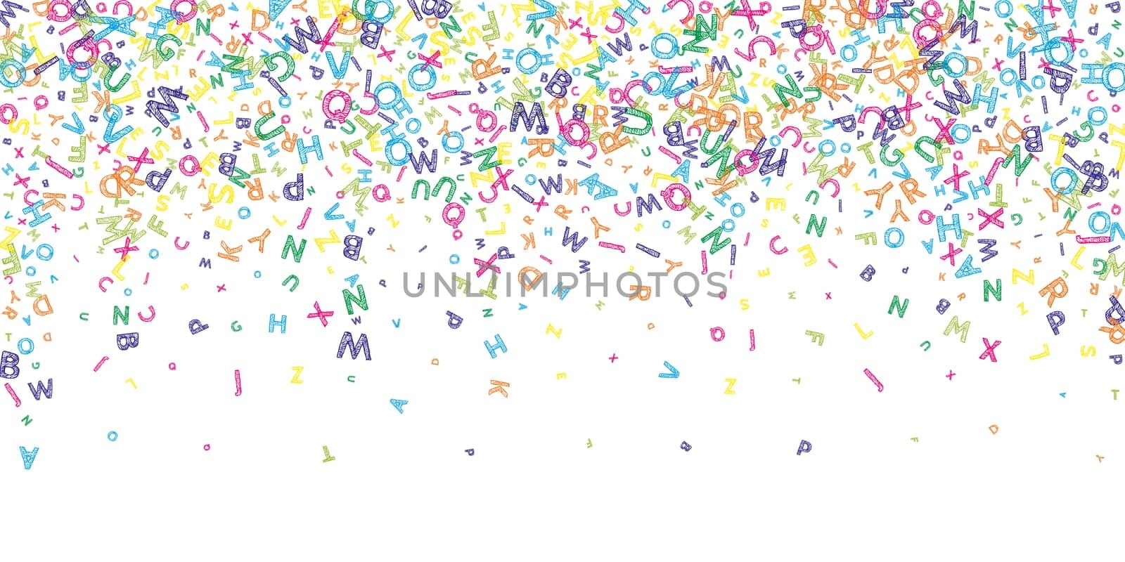 Falling letters of English language. Colorful messy sketch flying words of Latin alphabet. Foreign languages study concept. Wondrous back to school banner on white background.