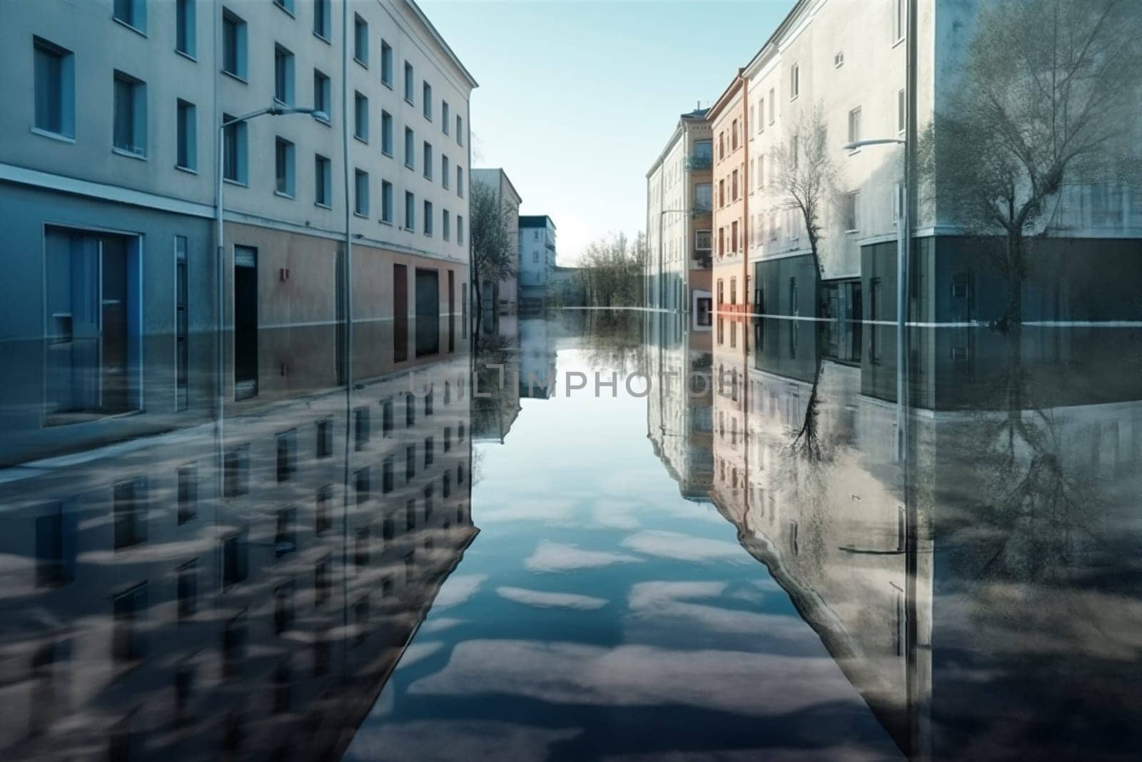 Flooded abandoned city, future world without people, post-apocalypse, effects of global warming and climate change concept. Generative AI