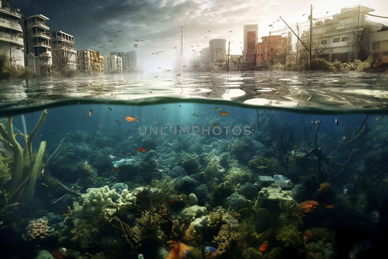 Flooded abandoned city, future world without people, post-apocalypse, effects of global warming and climate change concept. Generative AI