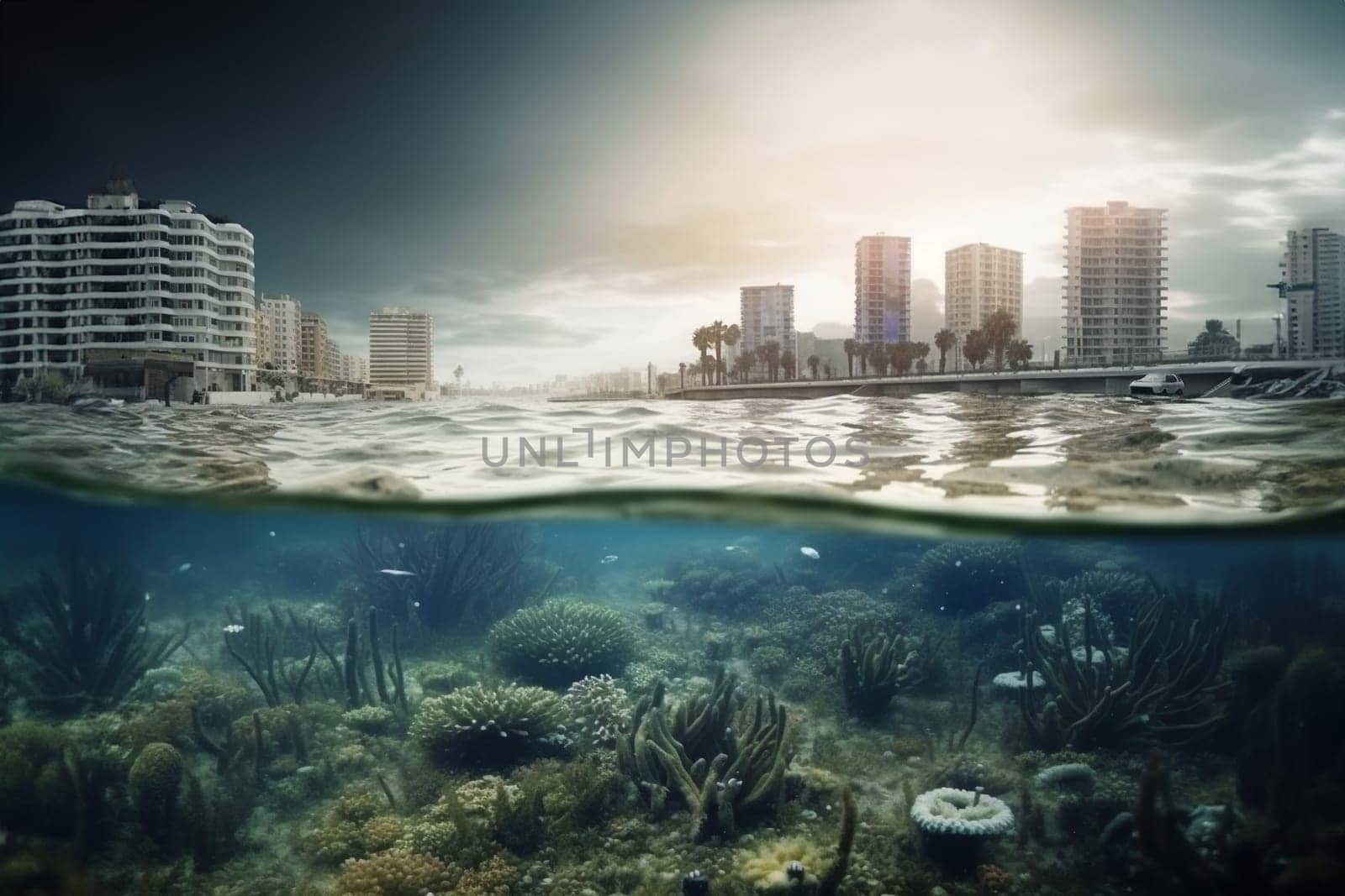 Flooded abandoned city, future world without people, post-apocalypse, effects of global warming and climate change concept. Generative AI