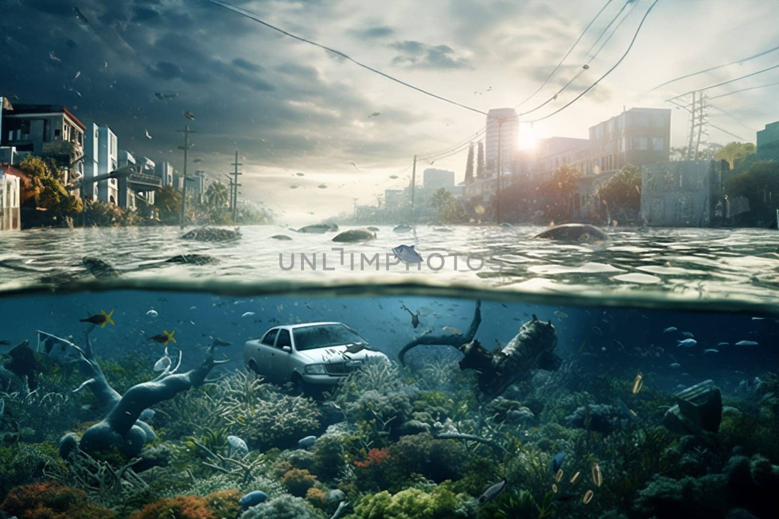 Flooded abandoned city, future world without people, post-apocalypse, effects of global warming and climate change concept. Generative AI